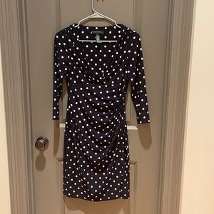 Ralph Lauren Petite Navy White Dot 3/4 Sleeve V Neck Cocktail Dress Size 4P